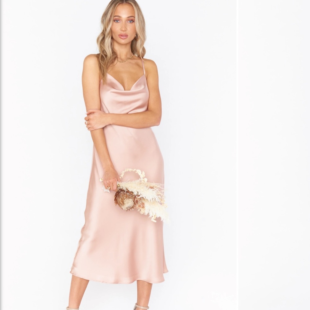 Verona Cowl Neck dress in Rose Gold Satin Luxe- NEVER BEEN WORN!